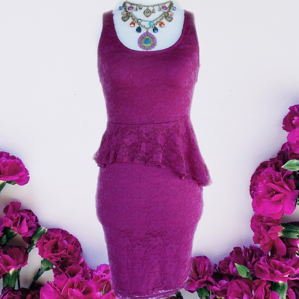 Magenta Lace Peplum Party Dress